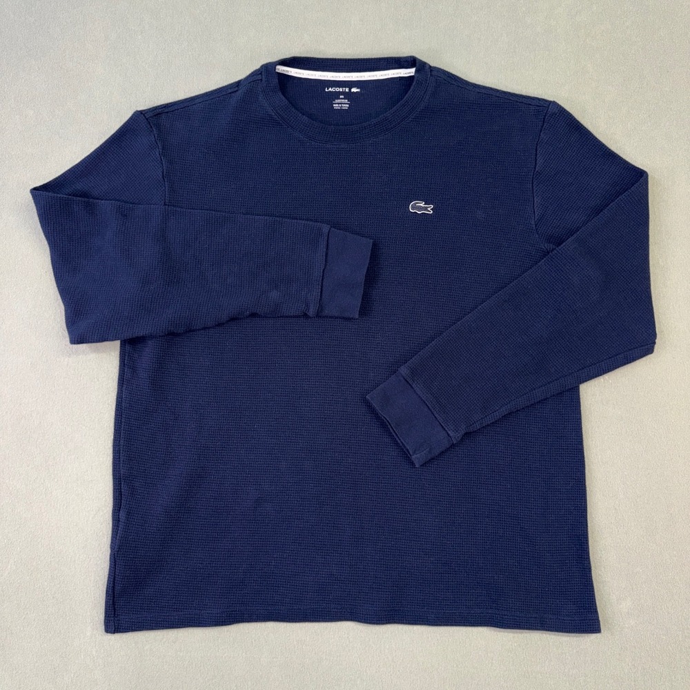 Lacoste Mens Size XXL Navy Waffle Knit Thermal Long Sleeve Sleepwear Shirt